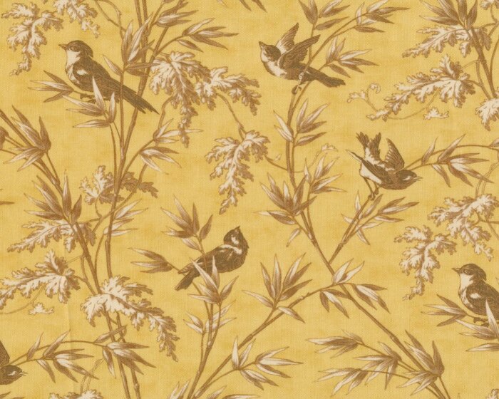Patchworkstoff LARKSPUR, Vögel auf Zweigen, gedecktes gelb-hellbraun, Moda Fabrics