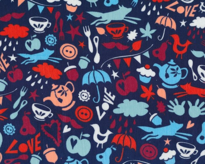 Feincord LOVELY THINGS, allerlei Dinge, dunkelblau-rot