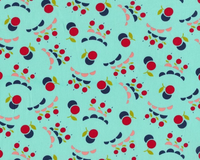 Patchworkstoff VINTAGE PICNIC, Halbkreisbögen und Kugel-Kirschen, mintgrün-rot, Moda Fabrics
