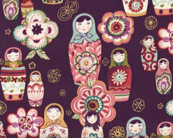 Patchworkstoff "Nadya" mit bunten Matrjoschkas, stumpfes pflaume-altrosa-gold