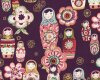 Patchworkstoff "Nadya" mit bunten Matrjoschkas, stumpfes pflaume-altrosa-gold