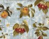 Patchworkstoff "Gourmet Grocer" mit Früchten, nostalgischen Mustern und Schrift, helles taubenblau-olive