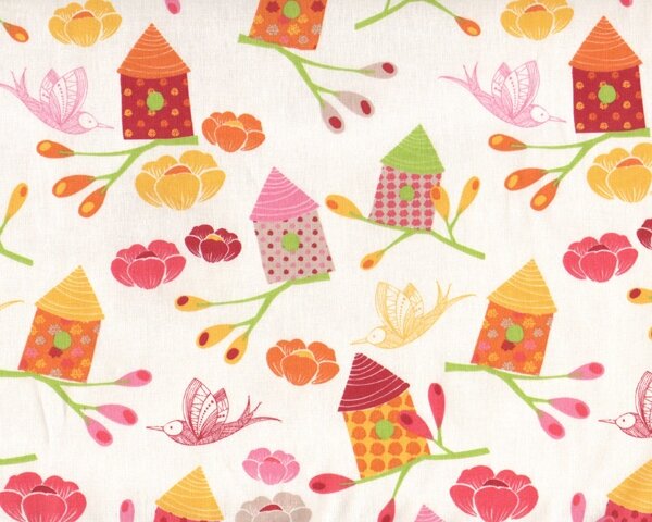 Baumwollstoff NESTLING mit Vogelhäuschen, gebrochenes weiß-orange