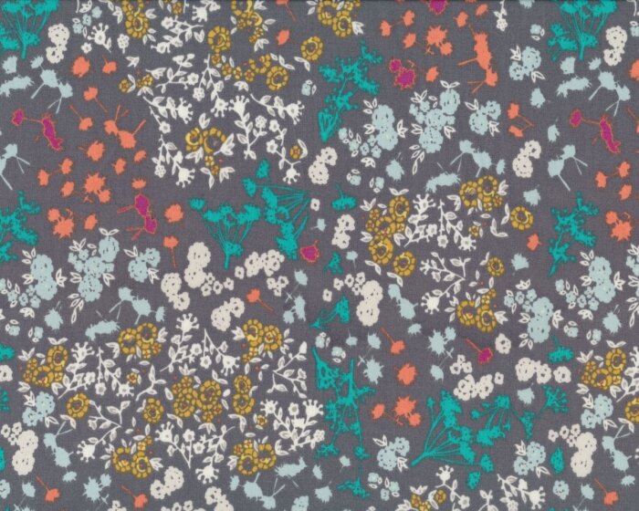 Zarter, edler Batist, Voile INDELIBLE, Wiesenblumen, steingrau-türkisgrün