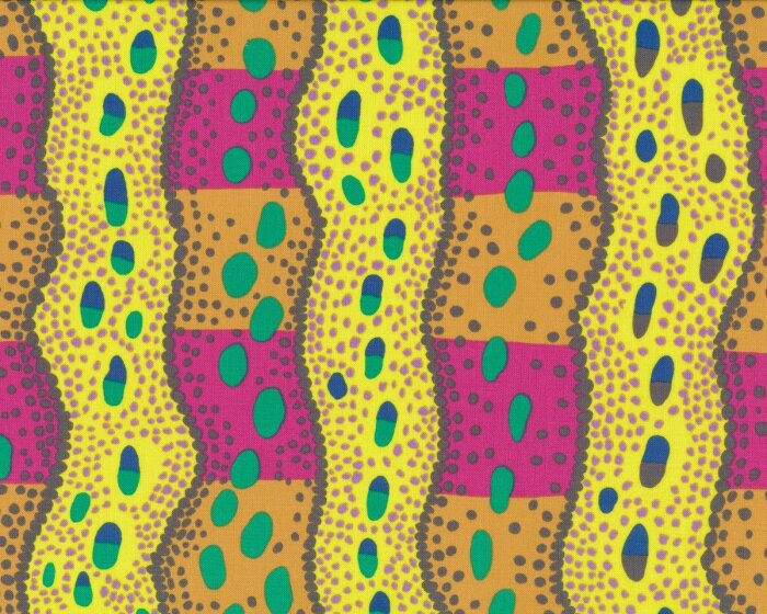 Feiner Patchworkstoff VICTORIA, Wellen-Streifen mit Punkten, gelb-pink