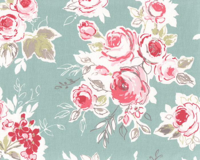 Englischer Dekostoff Clarke & Clarke ROSE GARDEN, Rosen, mintgrün-rosa