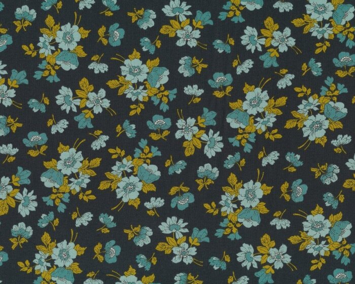 Patchworkstoff NOMAD, Wildrosen, anthrazit-dunkles türkisgrün, Moda Fabrics