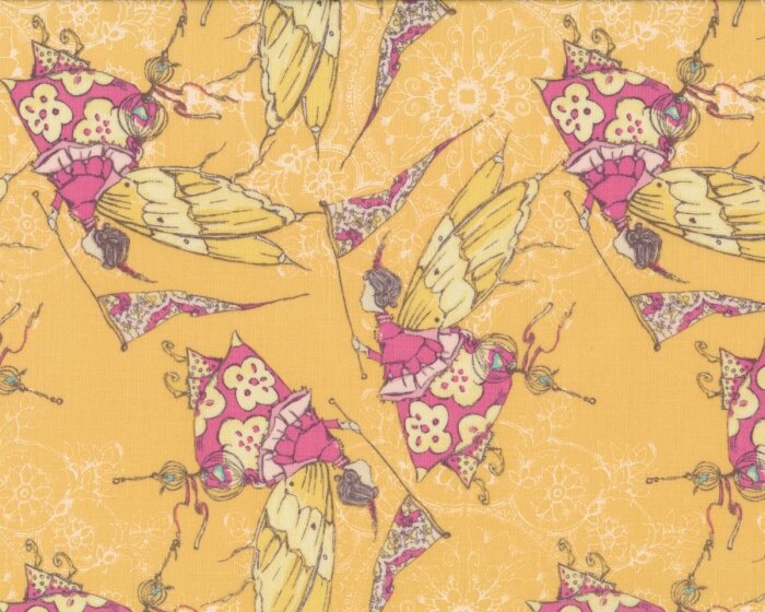 Patchworkstoff FEATHER FLOCK, Schmetterlingsfeen, helles goldbraun-pink