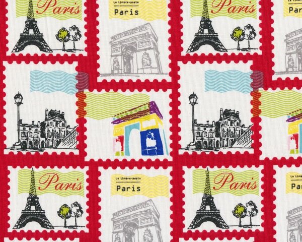 Patchworkstoff PEPE IN PARIS, Briefmarken, rot-weiß