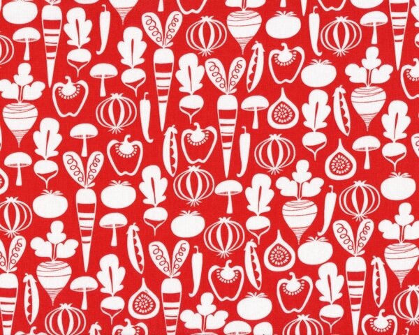 Patchworkstoff "Tiny Veggies" mit Comic-Gemüse, rot-weiß