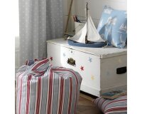 Englischer Dekostoff Clarke & Clarke ABC, Flicken-Buchstaben, hellblau-dunkelrot