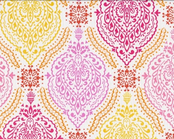 Patchworkstoff LITTLE AZALEA, Ornamentrauten-Muster, gelb-orange-pink
