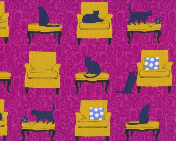 Patchworkstoff SITTING PRETTY, Katzen und Sessel, fuchsialila-goldgelb