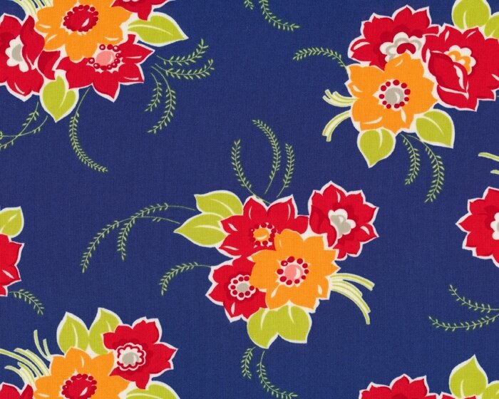 Patchworkstoff MISS KATE, Blumen-Bouquets, blau-orange, Moda Fabrics