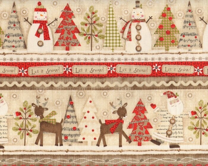 30-cm-Rapport Patchworkstoff HOLIDAY STITCHES, Let it Snow, hellbraun-rot