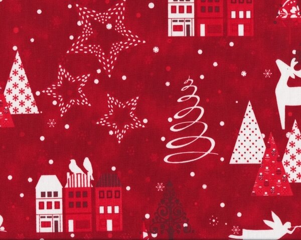 Patchworkstoff "A Christmas Story" mit Tannenbäumen und Häusern, rot-weiß