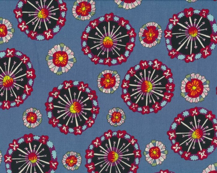 Patchworkstoff FAIRY WISH, Blüten-Mandalas, blaugrau-schwarz