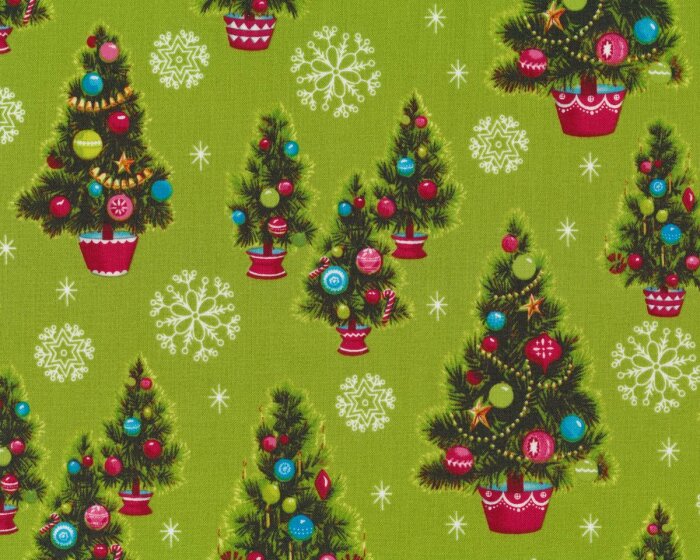 Patchworkstoff CHRISTMAS KITSCH, geschmückte Weihnachtsbäume, grasgrün-dunkelrot