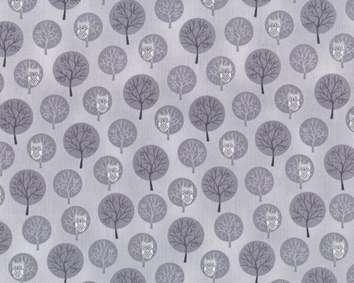 Patchworkstoff WINTER FROST, Eulen im Kreis, grau-steingrau