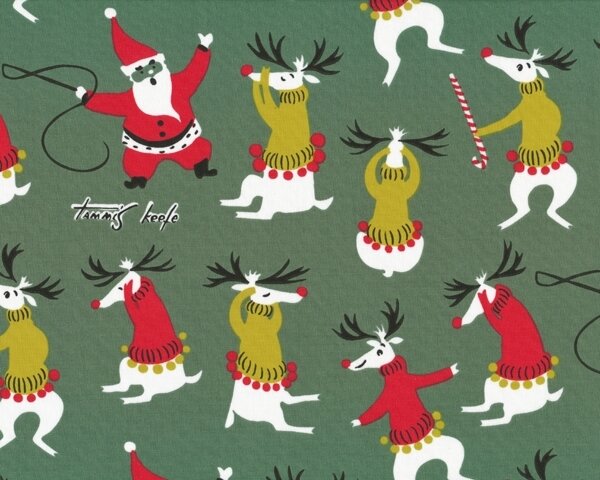 Patchworkstoff "Unruly Reindeer" mit Weihnachtsmann und Rentier im Retro-Style, grün-rot