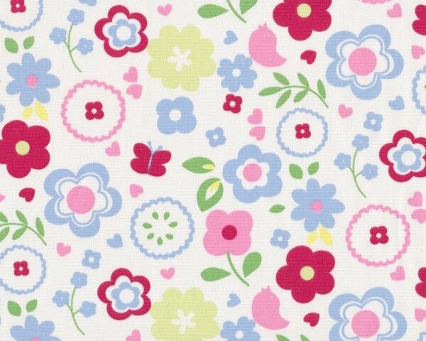 Englischer Dekostoff Clarke & Clarke "Vintage Classics Retro Floral" mit Comic-Blumen, stumpfes dunkelrot-hellblau