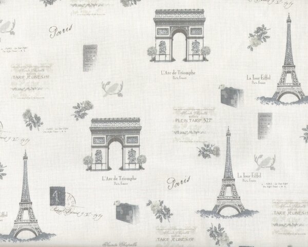 Patchworkstoff "Rosies Journey" mit Sehenswürdigkeiten von Paris, wollweiß-grau