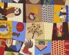 Patchworkstoff "Village" mit Dorf-Comic im Viereck, beige-mittelblau