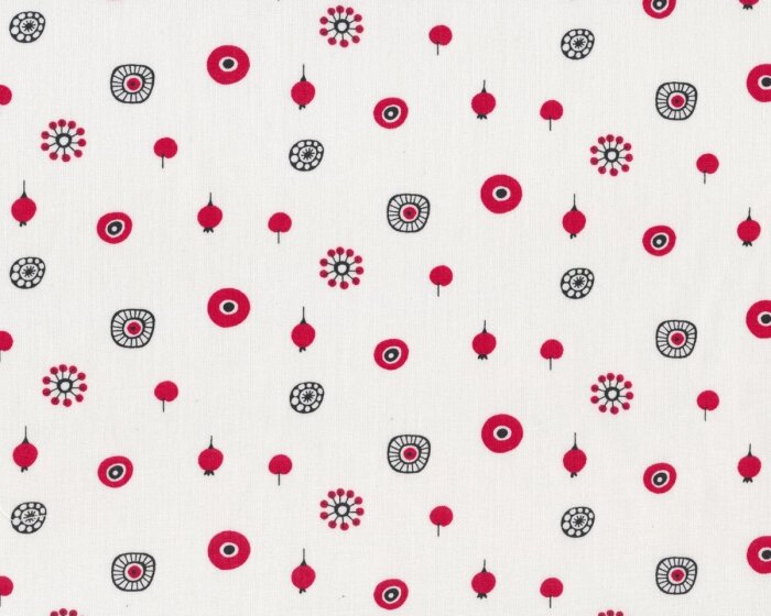 Baumwollstoff BERRY, Beeren und Comic-Blüten, weiß-rot