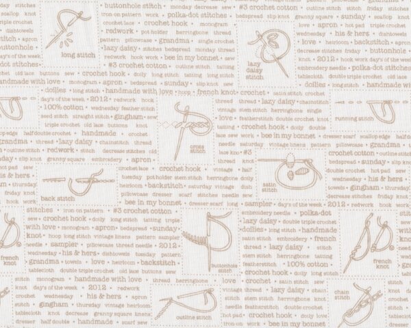 Patchworkstoff "Polka Dot Stitches" mit Druckschrift und Stichmustern, weiß-hellbeige