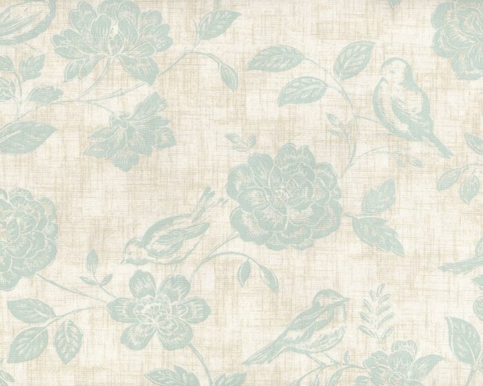 Englischer Dekostoff iLIV BIRD GARDEN, Vögel und Rosen, helles mintgrün-natur meliert