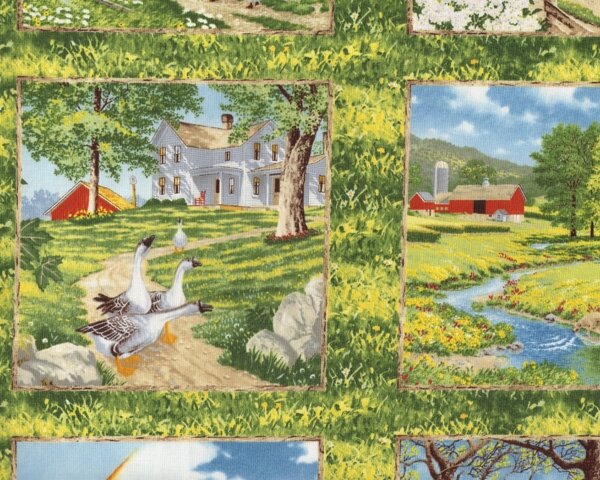 60-cm-Rapport Patchworkstoff SUMMERWIND FARM, Bildfelder mit Landschafts-Idyll, grasgrün