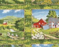 60-cm-Rapport Patchworkstoff SUMMERWIND FARM, Bildfelder mit Landschafts-Idyll, grasgrün