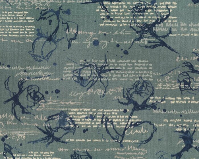 Patchworkstoff THE WORDSMITH, Rosen und Strichelschrift, grüngrau-nachtblau, Moda Fabrics