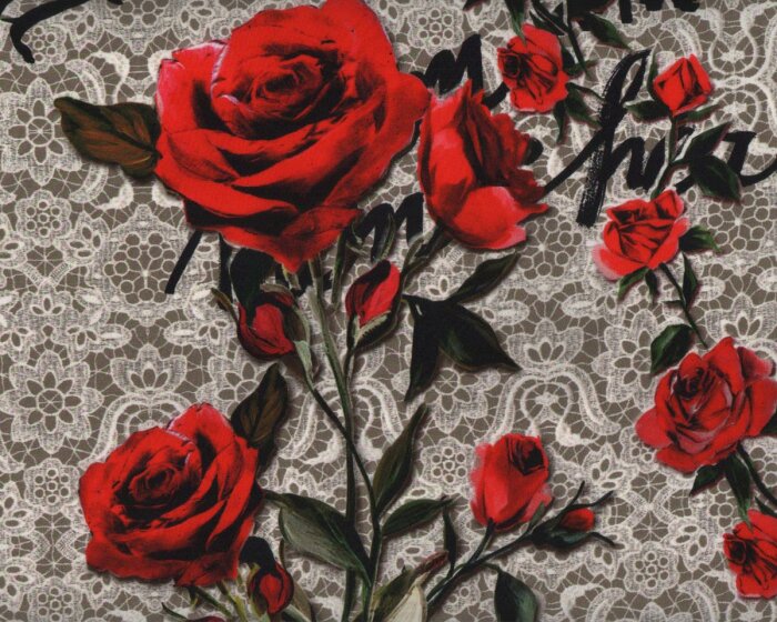 Italienischer Designer Seidenstoff, Crepe de Chine MON CHER, Rosen auf Spitze, rot-dunkles moosgrün