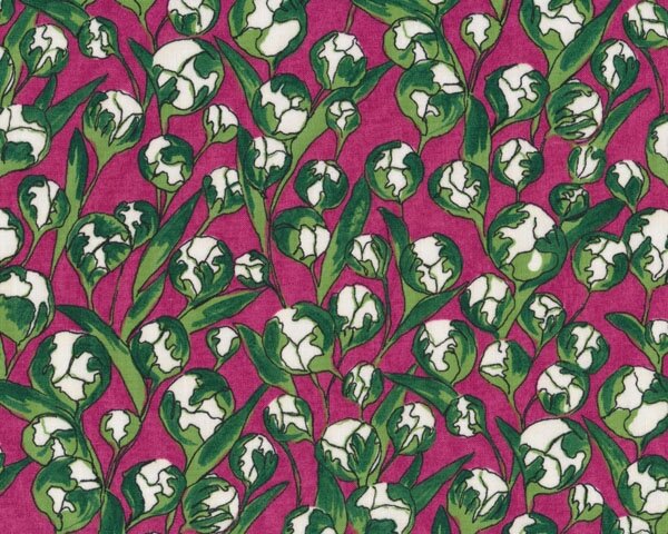 Patchworkstoff "Garden Wall" mit Blütenknospen, grün-fuchsia-weiß