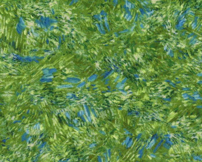 Patchworkstoff VINCENT VAN GOGH, Weizenfeld mit Raben, Getreide-Strichel, grasgrün-taubenblau