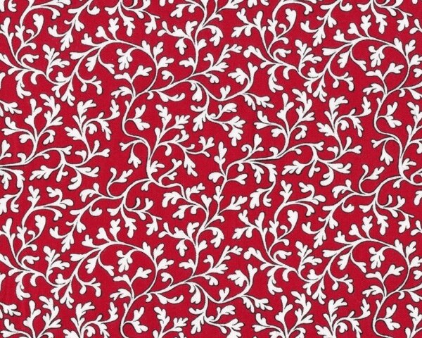 Patchworkstoff "Red Rouge" mit verspielten Blattranken, rot-weiß