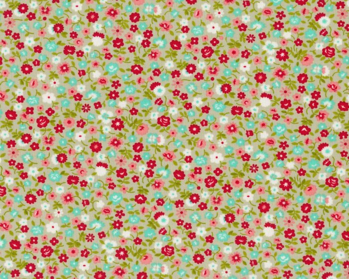 Patchworkstoff VINTAGE PICNIC, Streublümchen, helles schilfgrün-rot, Moda Fabrics