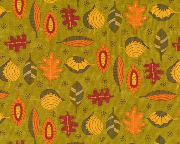 Patchworkstoff HELLO FALL, Comic-Herbstblätter, dunkles limette-orange, Moda Fabrics