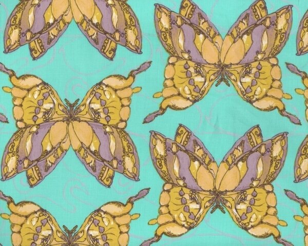 Patchworkstoff "Havens Edge" mit großen Schmetterlingen, türkis-beige