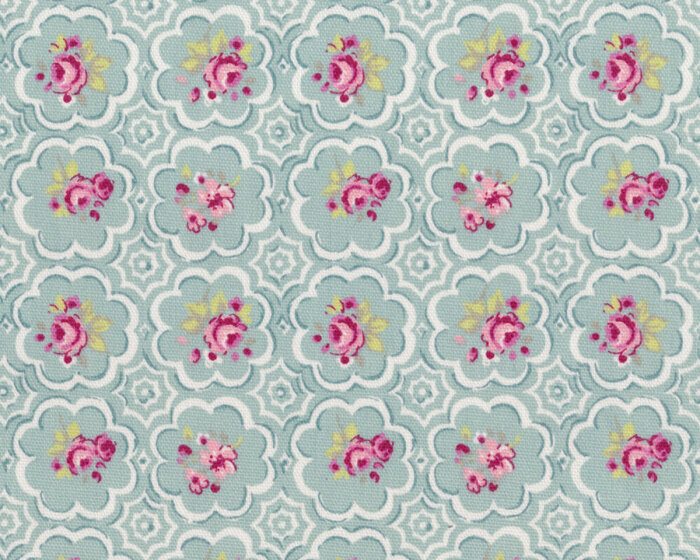 Englischer Dekostoff Clarke & Clarke ROSE TILE, Ornament-Rosen, helles türkisgrün