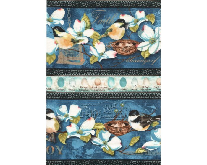 Patchworkstoff FEATHER YOUR NEST, Längsbordürenstreifen mit Meisen und Kirschblüten, gedecktes blau-petro