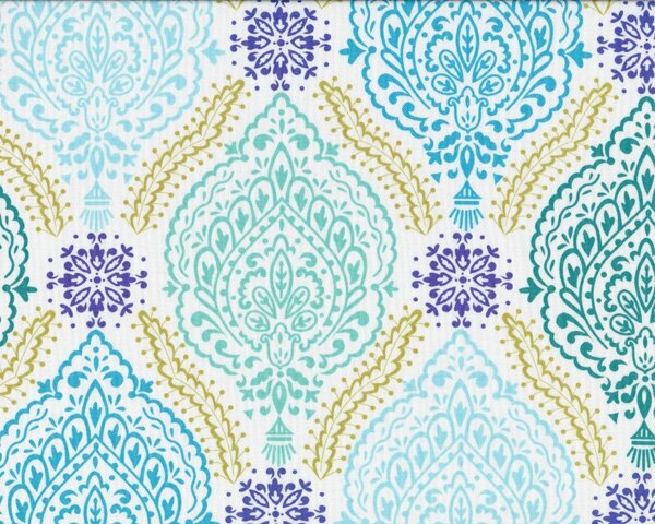 Patchworkstoff LITTLE AZALEA, Ornamentrauten-Muster, türkis-hellgrün-blau