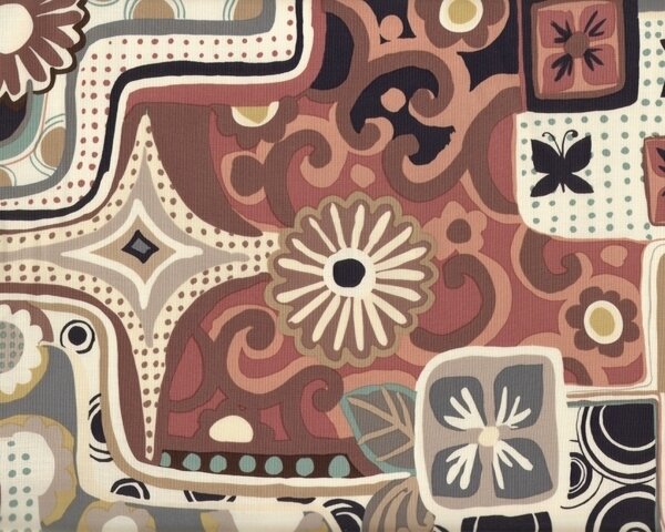 Patchworkstoff "June Jubilee", Musterfelder mit Blumen, Äpfeln und Schmetterlingen, dunkles altrosa-cremé