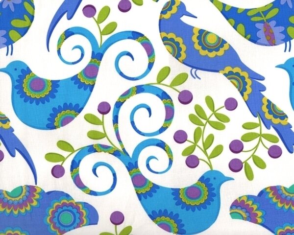 Patchworkstoff "Pillow & Maxfield" mit geblümten Vögeln, mittelblau-limette