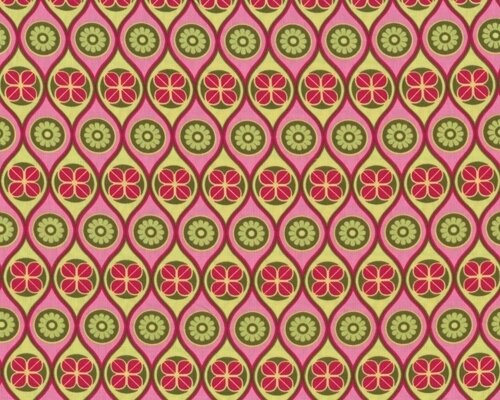 Patchworkstoff "Mezzanines" Wellen mit Blüten- und Kleeblatt-Kreisen, pink-hellgrün