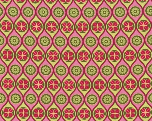 Patchworkstoff "Mezzanines" Wellen mit Blüten- und Kleeblatt-Kreisen, pink-hellgrün