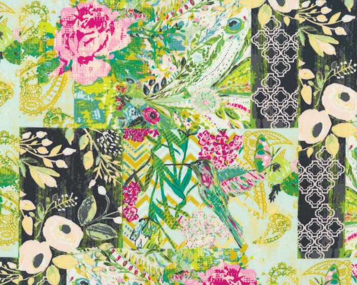 Feiner Popeline-Patchworkstoff MILLIE FLEUR, Blütenfelder, limette-rosa