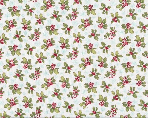 Patchworkstoff FROSTYN FUN mit zarten Ilex-Zweigen, hellgrün-rot-weiß