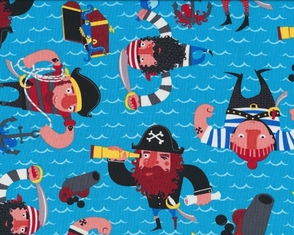 Patchworkstoff "Captain Redbeard" mit gefährlichen Piraten, himmelblau-weinrot-schwarz